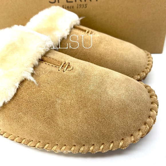 Sperry Women Slippers Fur Trim Clog Suede Cinnamon - Picture 5 of 8